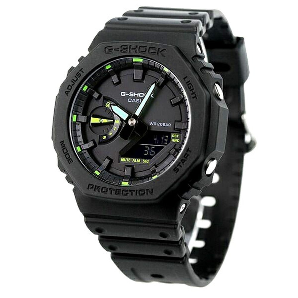 Casio G-Shock GA-2100-1A3DR analog-digital watch with black dial, carbon resin case, and black band