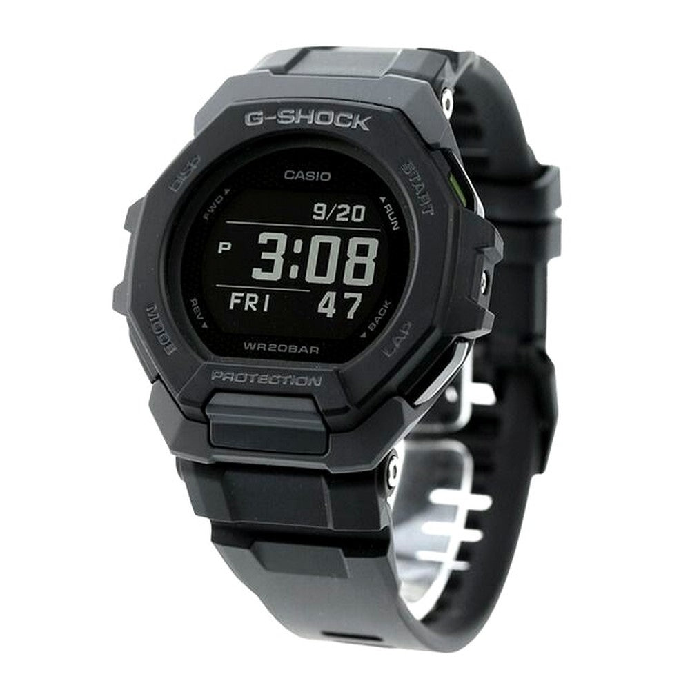 Casio G-Shock G-Squad GBD-300-1DR black digital watch with resin band and case showing digital display