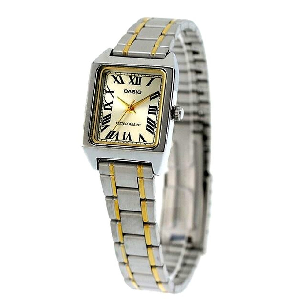 Casio Standard Series LTP-V007SG-9BDF women's analog watch with gold dial and silver stainless steel band