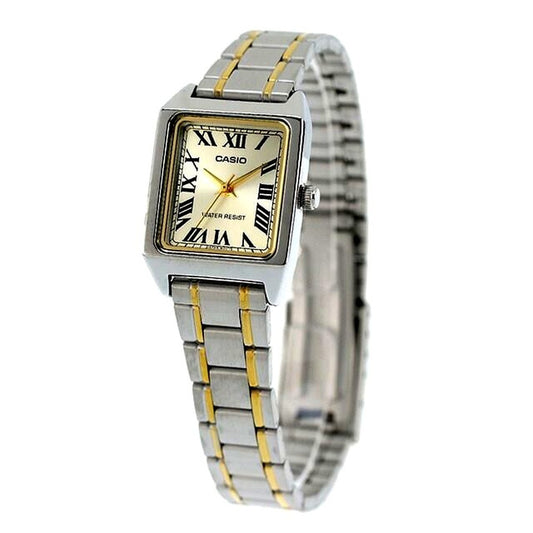 Casio Standard Series LTP-V007SG-9BDF women's analog watch with gold dial and silver stainless steel band