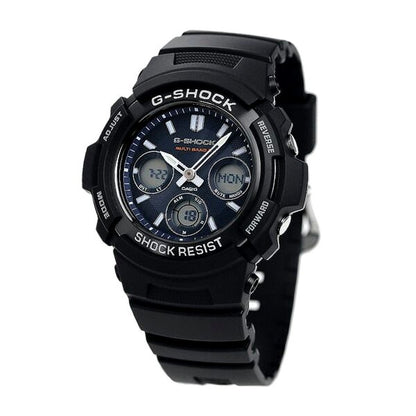 Casio G-Shock AWG-M100SB-2AER radio solar watch with black resin band and blue LCD display