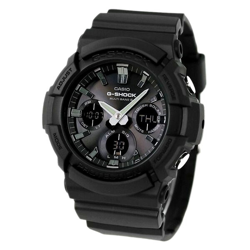 Casio G-Shock GAW-100B-1AER wristwatch with black resin band and aluminum case showing analog digital display