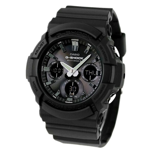 Casio G-Shock GAW-100B-1AER wristwatch with black resin band and aluminum case showing analog digital display