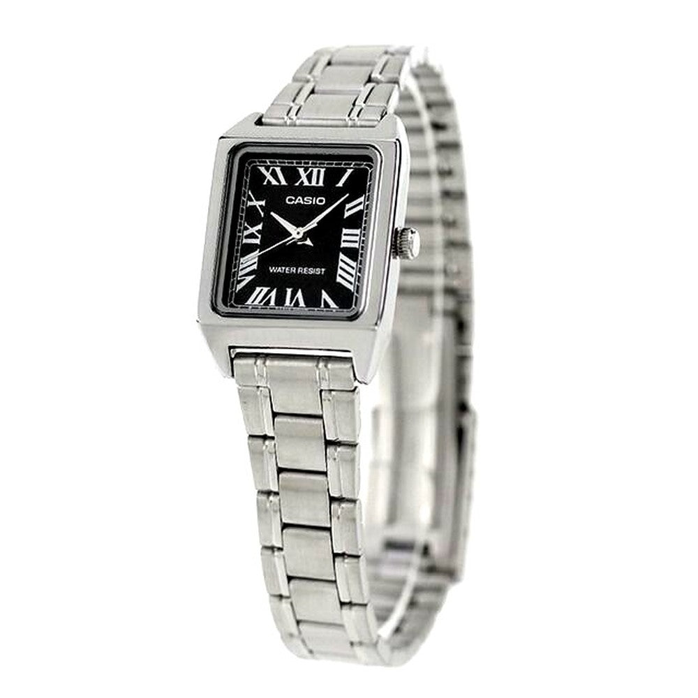 Casio Standard Analog Women's Watch LTP-V007D-1BDF with black dial and silver stainless steel band