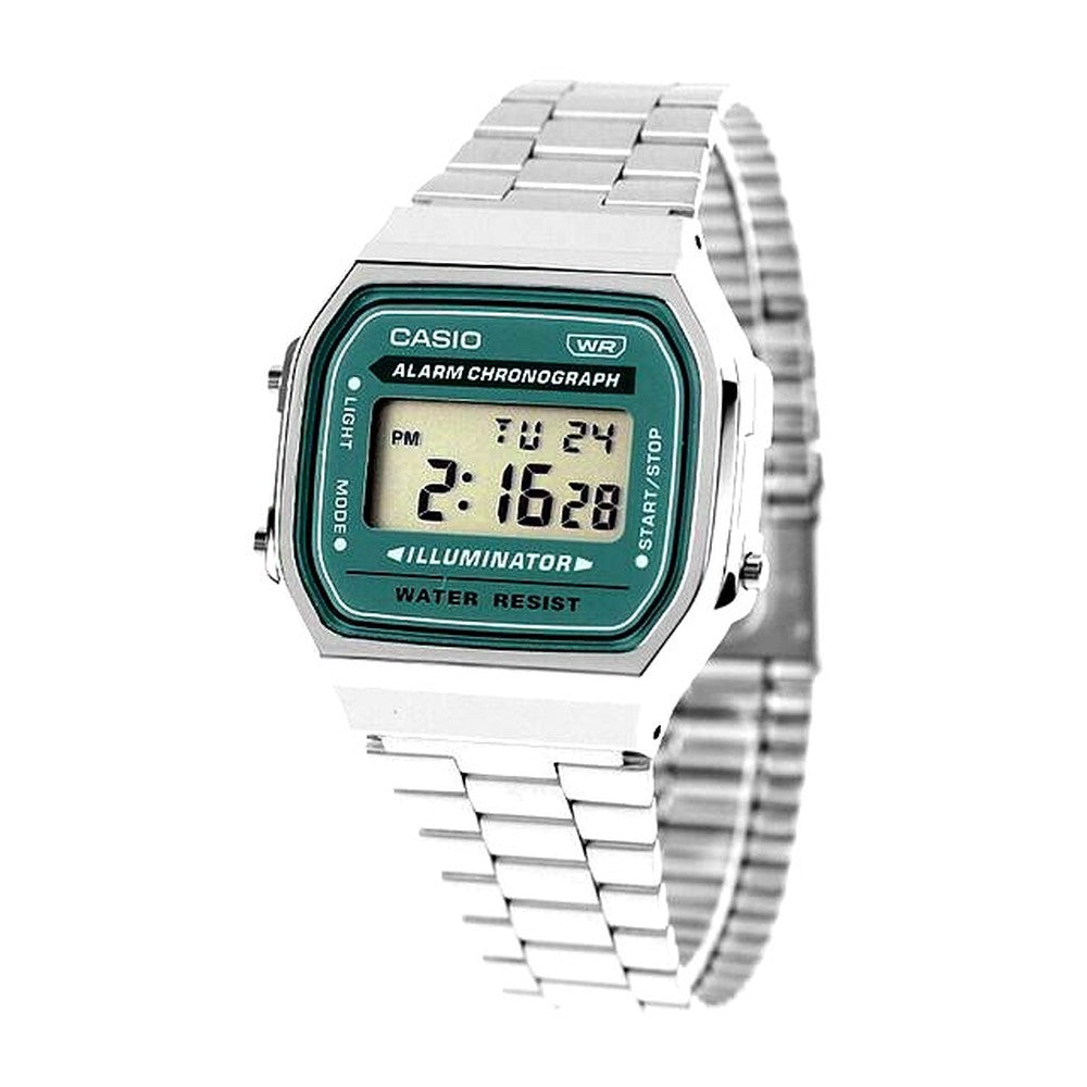 Casio Vintage Digital Watch A168WA-3AYDF with silver stainless steel band and LCD digital display