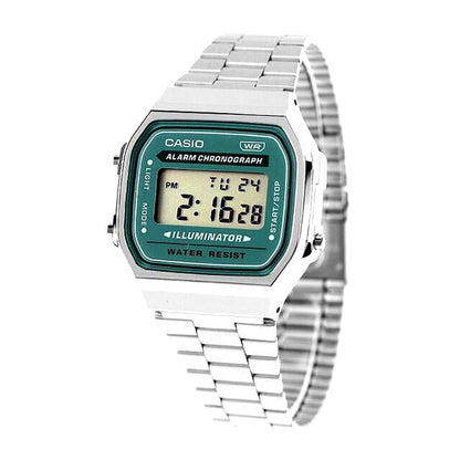Casio Vintage Digital Watch A168WA-3AYDF with silver stainless steel band and LCD digital display