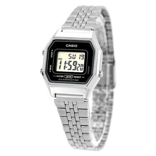 Casio Standard Digital Watch LA680WA-1DF with black digital display and silver stainless steel band