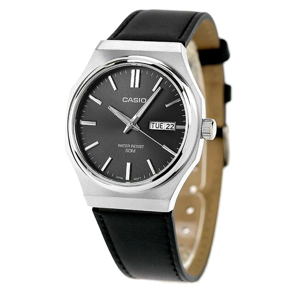Casio Standard Series MTP-E735L-8AVDF men's watch with dark gray dial, stainless steel case, and black leather band