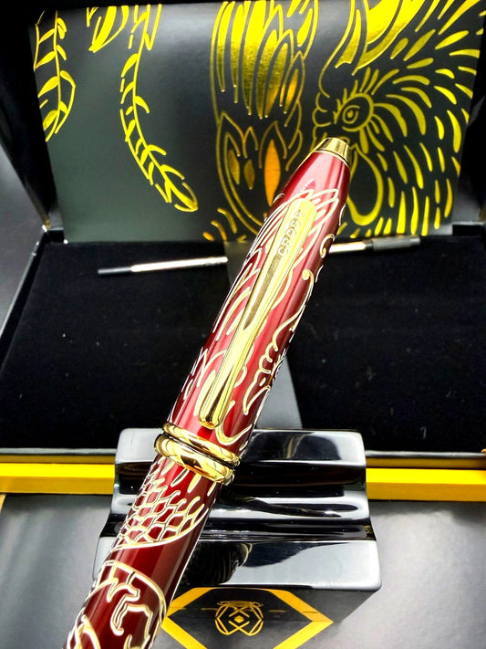 Cross Taunzt 2017 Year of the Rooster rare twist ballpoint pen with red lacquer, gold rooster engraving, and Swarovski crystal cap
