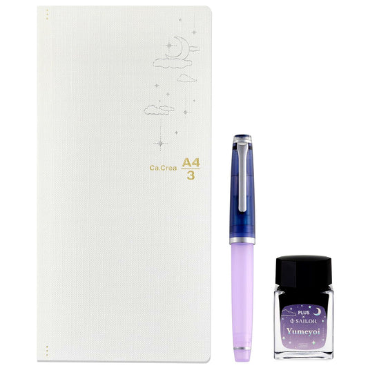 C.crea Plus Sailor Fountain Pen and Yumeyoi themed notebook set with purple ink and special packaging