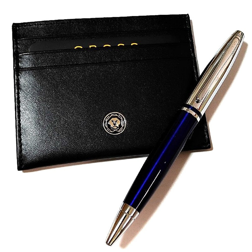 Cross Calais black lacquer ballpoint pen with twist mechanism, blue card case, and gift box