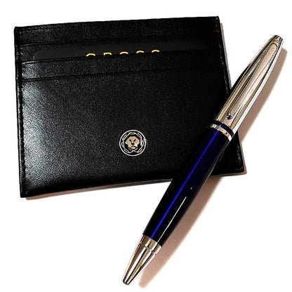 Cross Calais black lacquer ballpoint pen with twist mechanism, blue card case, and gift box