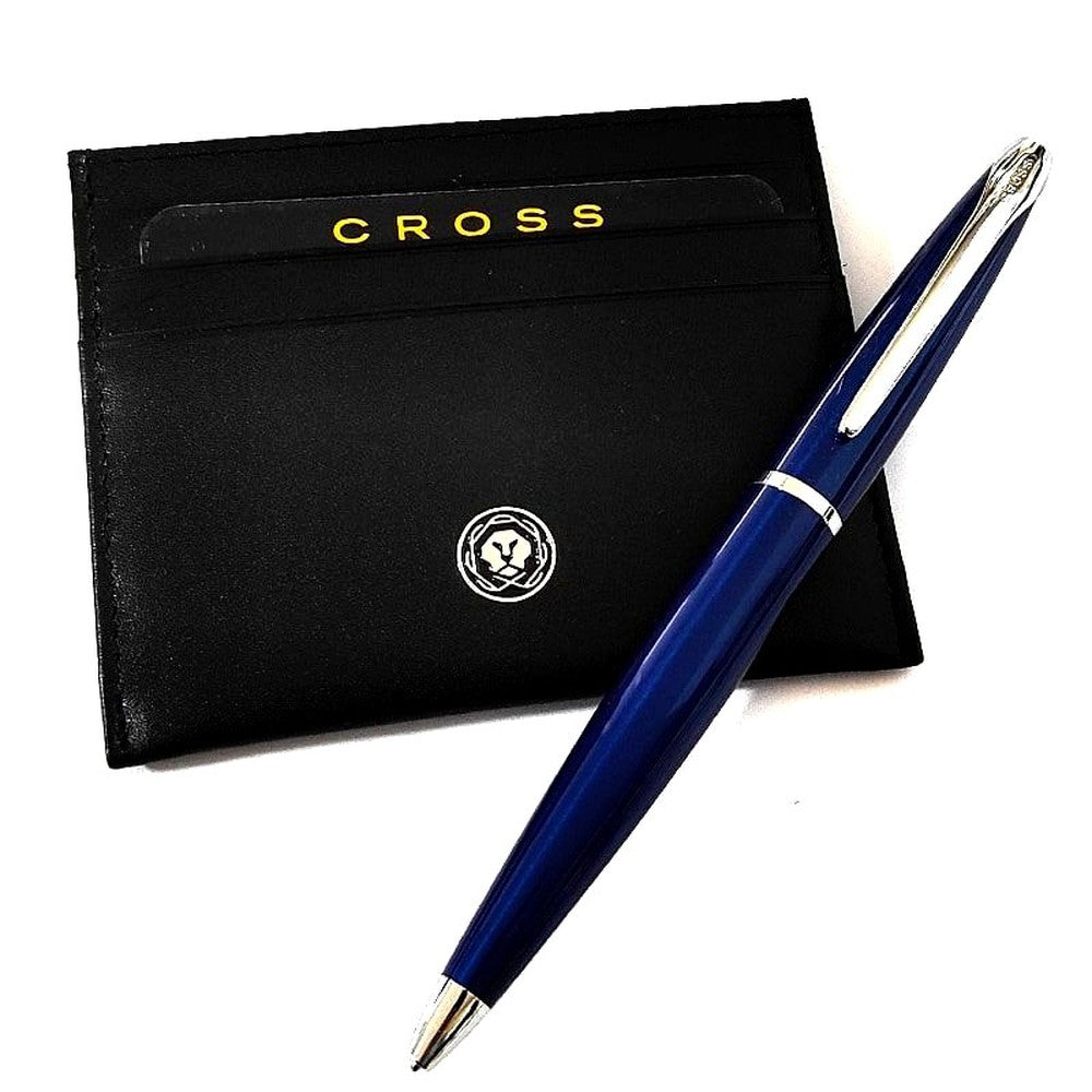 Cross ATX Series Gift Set with Blue Translucent Ballpoint Pen and Card Case — Japan Import