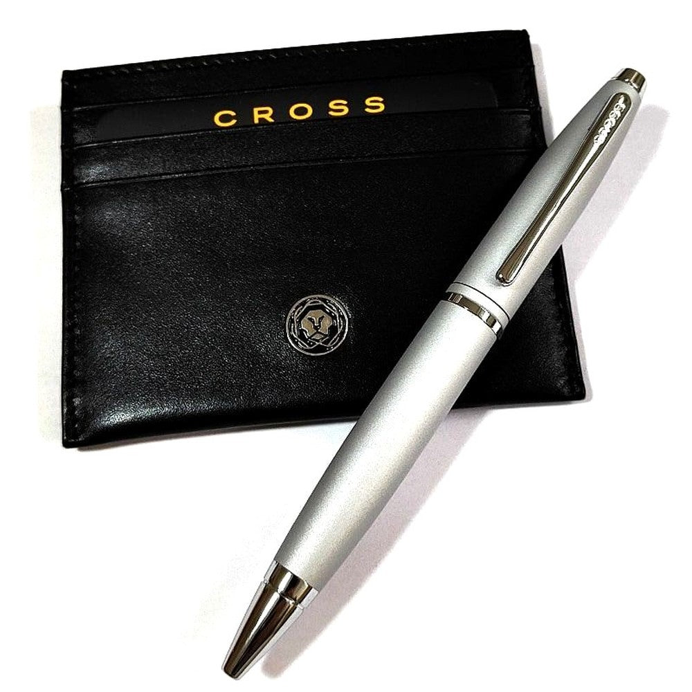 Cross Calais Twist ballpoint pen with satin chrome finish and matching card case in silver gift box