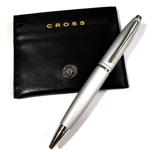 Cross Calais Twist ballpoint pen with satin chrome finish and matching card case in silver gift box