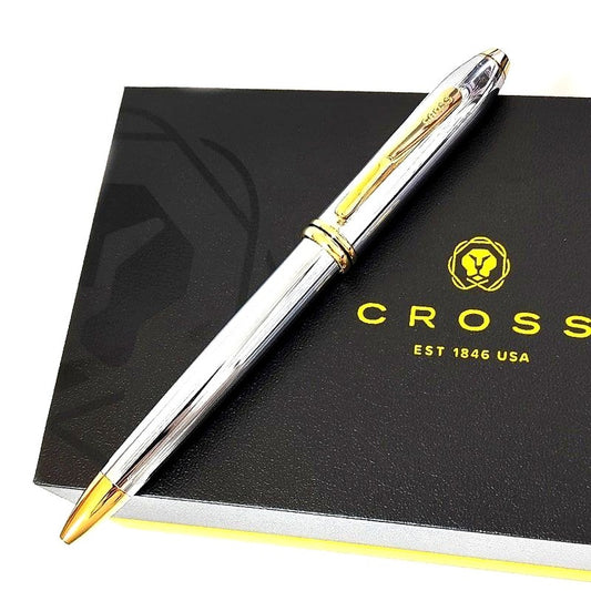 Cross Townsend Medalist silver and gold pen with brass body and gold-plated rings, shown with box and accessories