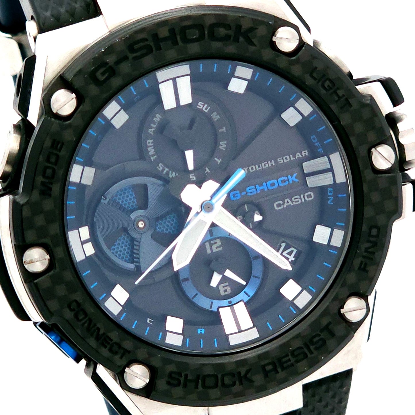 Casio G-Shock GST-B100 Solar Radio Wave Watch with black strap and round digital-analog face