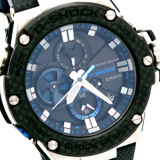 Casio G-Shock GST-B100 Solar Radio Wave Watch with black strap and round digital-analog face