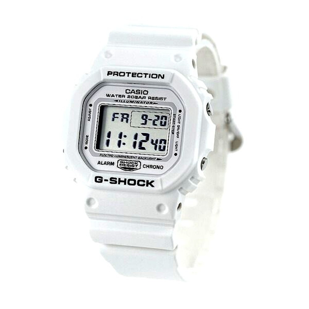 Casio G-Shock DW-5600MW-7DR digital watch with white resin band and LCD display
