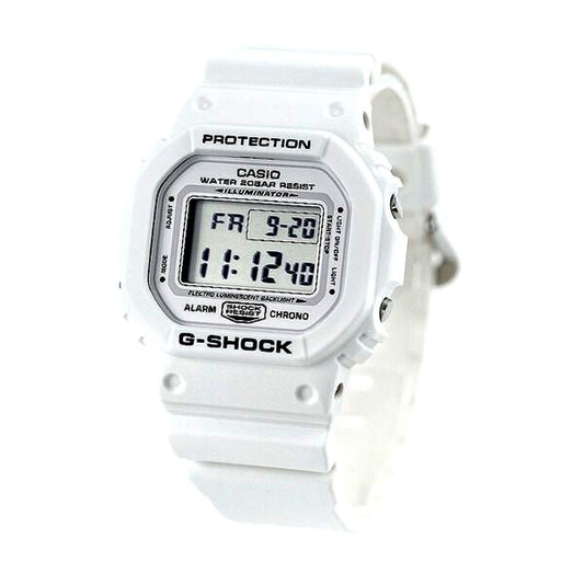 Casio G-Shock DW-5600MW-7DR digital watch with white resin band and LCD display