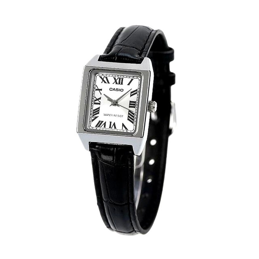 Casio LTP-V007L-7B1DF women’s analog watch with silver dial and black synthetic leather band