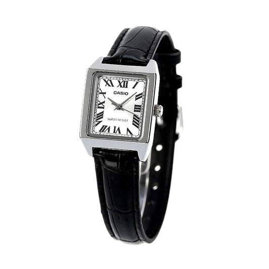 Casio LTP-V007L-7B1DF women’s analog watch with silver dial and black synthetic leather band