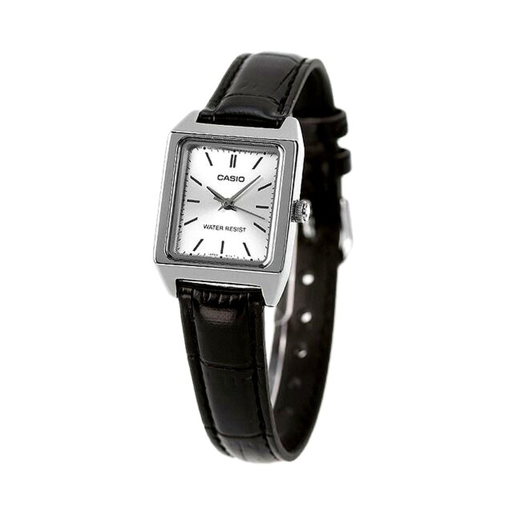 Casio LTP-V007L-7E1DF women's quartz wristwatch with silver dial and black leather strap
