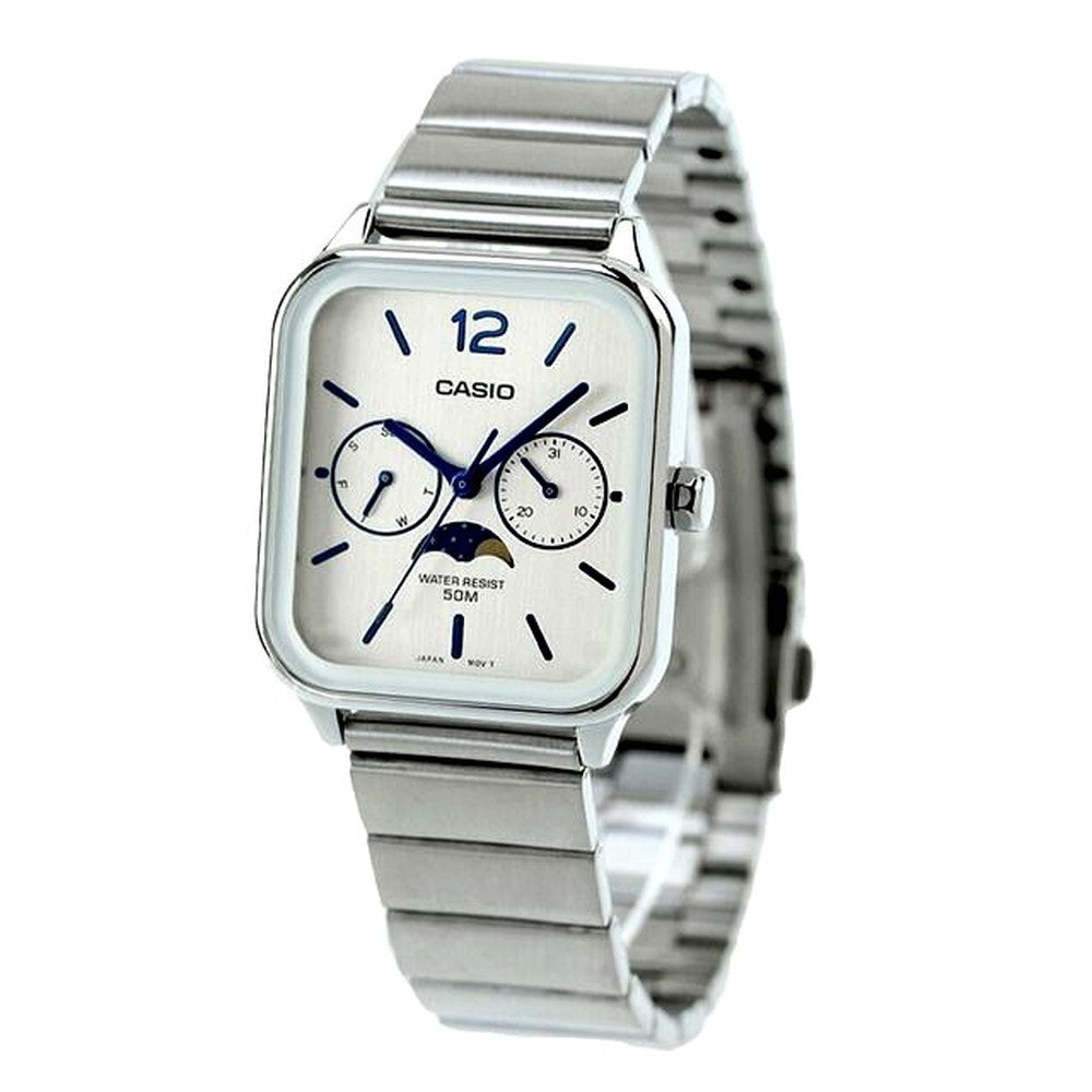 Casio Standard Series MTP-M305D-7AVDF watch with white dial and silver stainless steel band