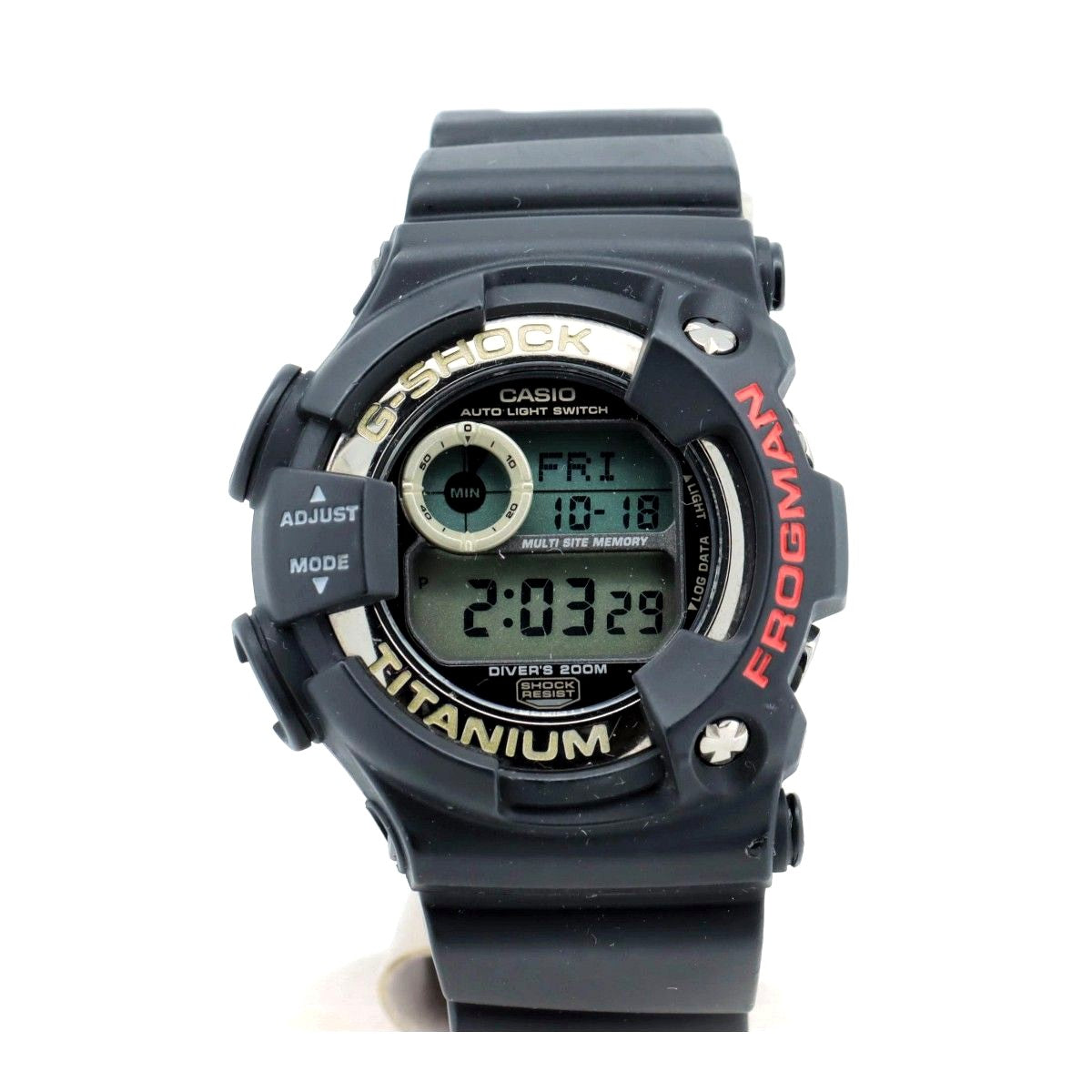 Casio Frogman DW-9900 digital watch with titanium case and black resin band showing digital display