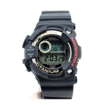 Casio Frogman DW-9900 digital watch with titanium case and black resin band showing digital display