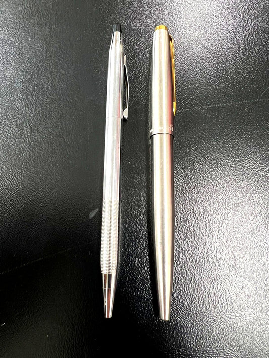Parker 45 and Cross Classic Century vintage ballpoint pen set with silver metal and chrome finish