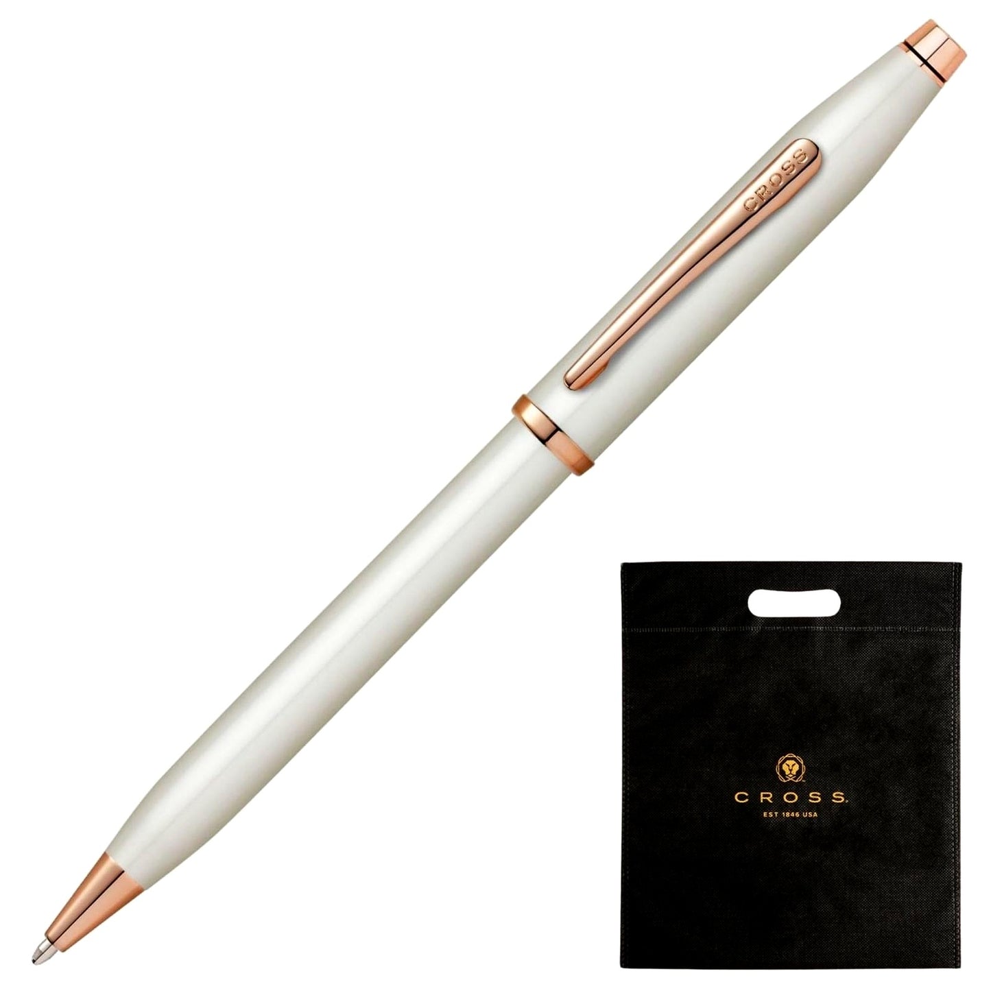 Cross Century II Pearl White ballpoint pen with premium gift box and matching shoppers gift