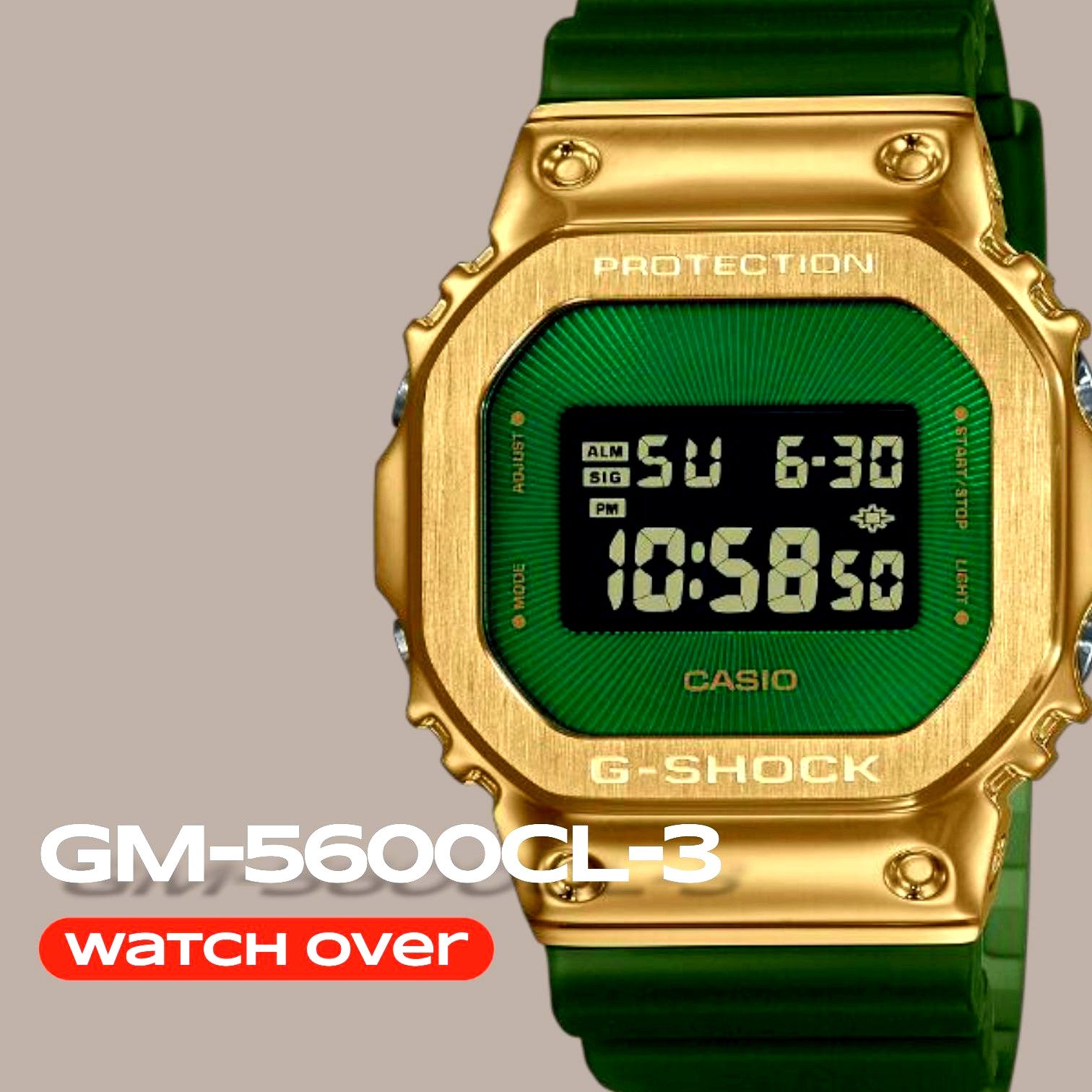 Casio G-Shock GM-5600CL-3 digital watch with stainless steel bezel and olive green resin band