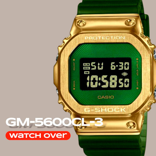 Casio G-Shock GM-5600CL-3 digital watch with stainless steel bezel and olive green resin band