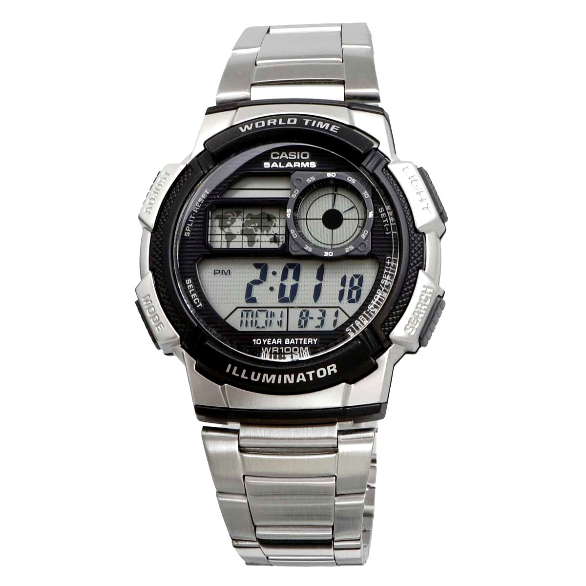 Casio AE-1000WD-1AV digital watch with black resin case and stainless steel band showing world time display
