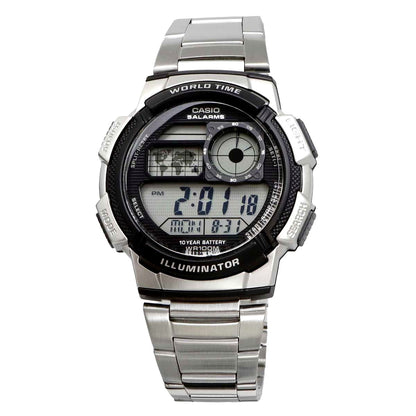 Casio AE-1000WD-1AV digital watch with black resin case and stainless steel band showing world time display
