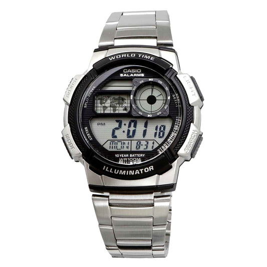 Casio AE-1000WD-1AV digital watch with black resin case and stainless steel band showing world time display