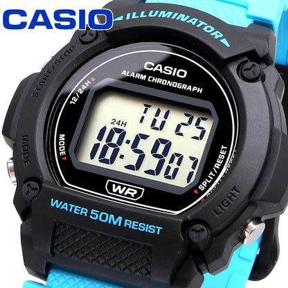 Casio W-219H-2A2V digital watch with blue resin band and silvery digital display