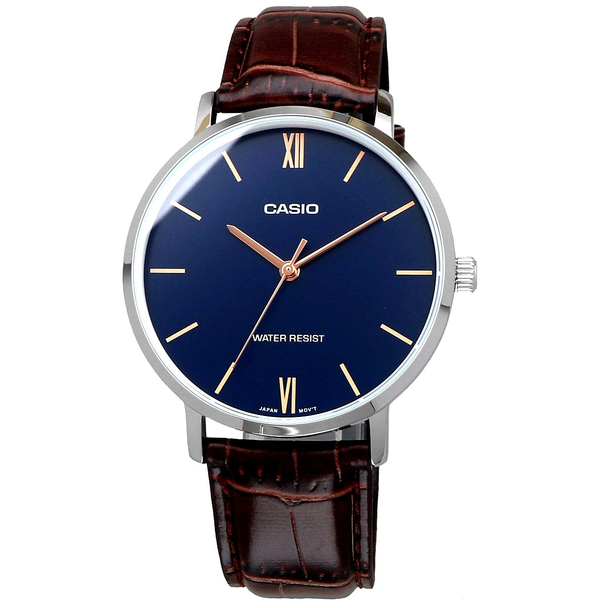 Casio MTP-VT01L-2B unisex quartz wristwatch with navy dial and brown synthetic leather strap