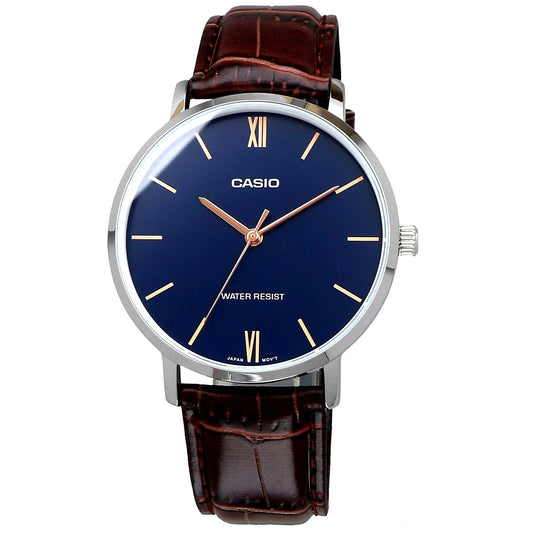 Casio MTP-VT01L-2B unisex quartz wristwatch with navy dial and brown synthetic leather strap