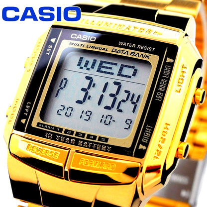 Casio Data Bank watch model DB-360G-9A with gold dial and stainless steel band