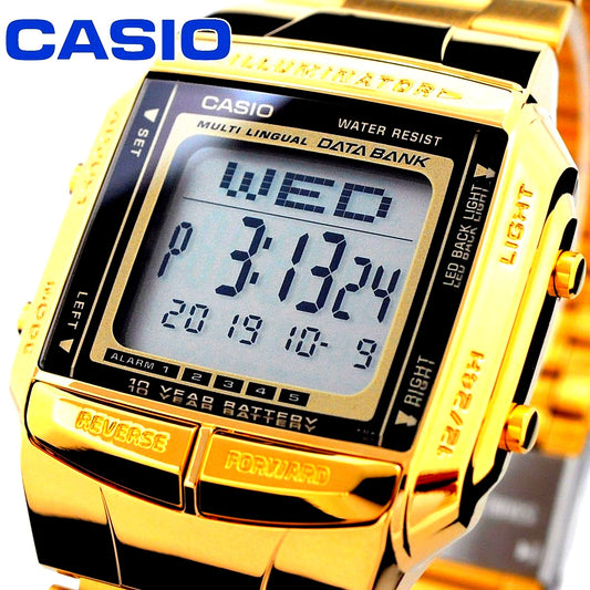 Casio Data Bank watch model DB-360G-9A with gold dial and stainless steel band