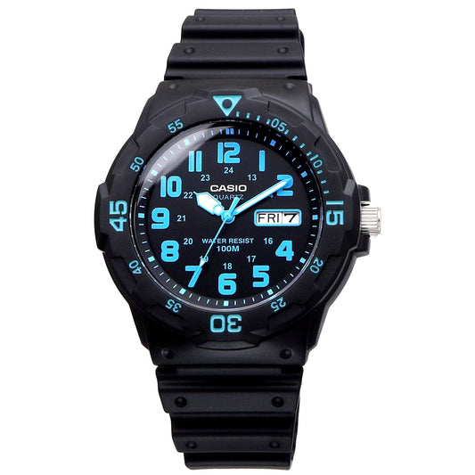 Casio MRW-200H-2BV quartz watch with black and blue dial, resin case and strap, displayed front view