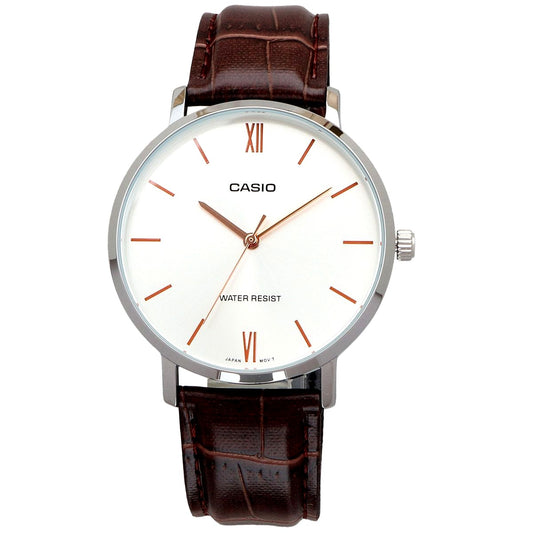 Casio MTP-VT01L-7B2 unisex watch with silver dial and brown synthetic leather strap