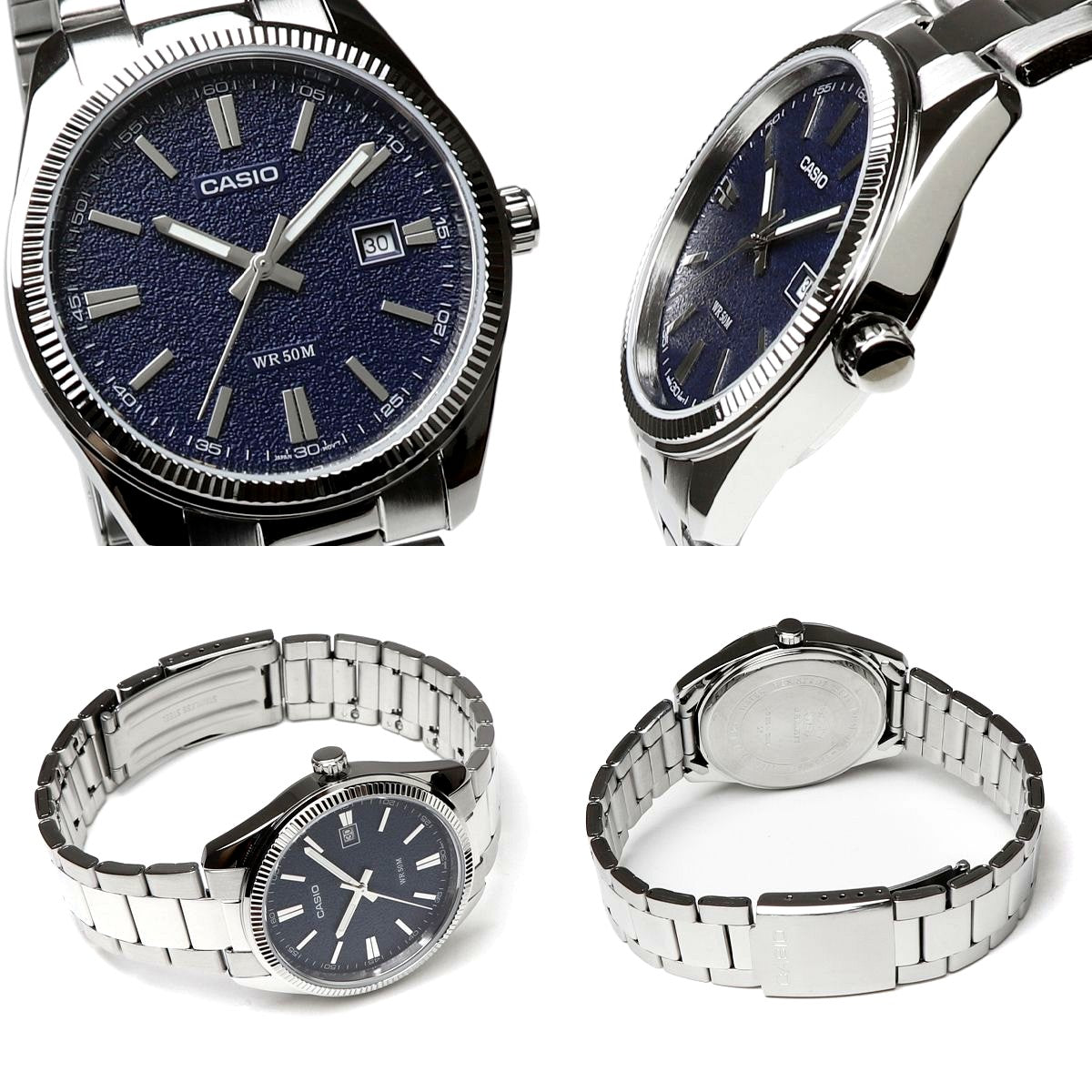 Casio Standard Analog Model MTP-1302DA watch with navy matte sandblast dial and stainless steel band