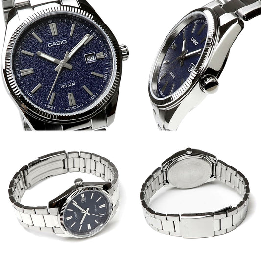 Casio Standard Analog Model MTP-1302DA watch with navy matte sandblast dial and stainless steel band