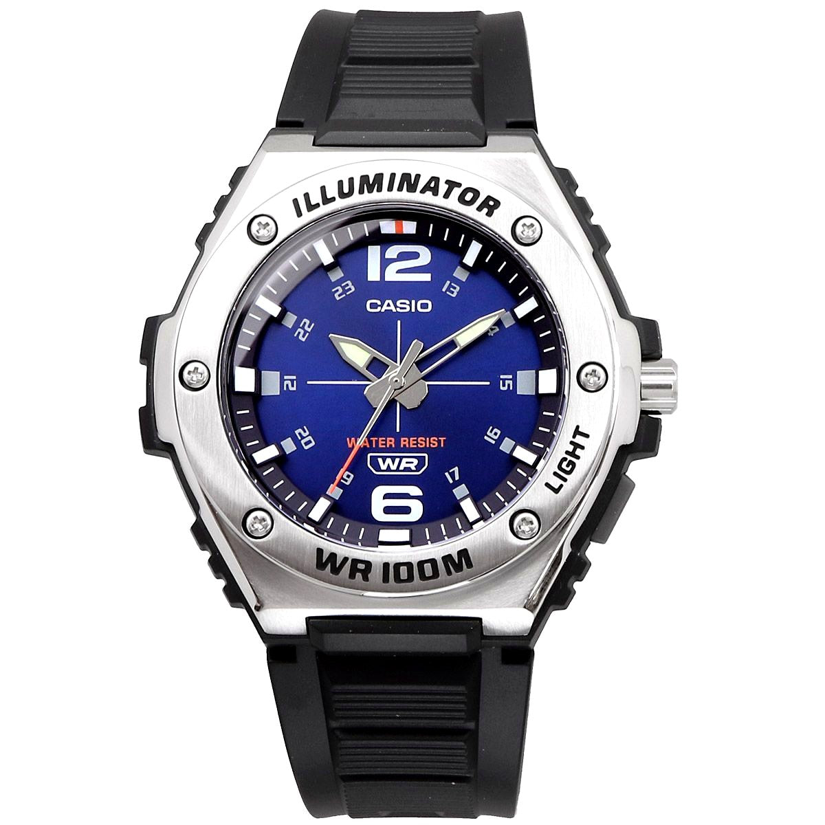 Casio MWA-100H-2AV watch with blue resin band and stainless steel case