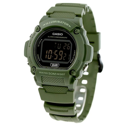 Casio W-219HC-3BVDF digital watch with green resin band and black dial, quartz movement