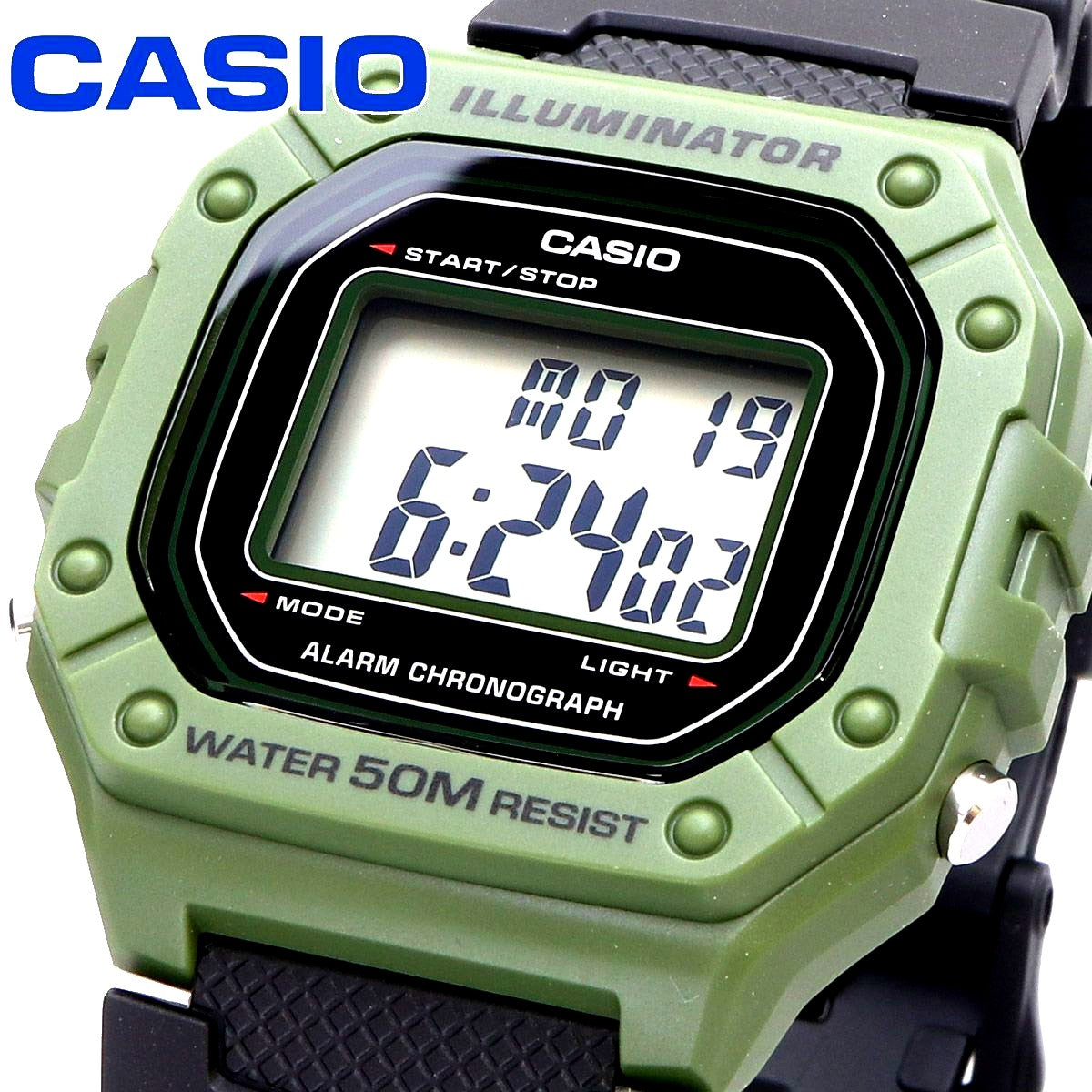 Casio W-218H-3AV digital watch with grey LCD display and dark grey resin strap