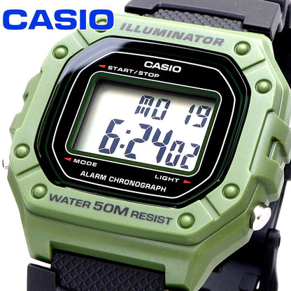 Casio W-218H-3AV digital watch with grey LCD display and dark grey resin strap